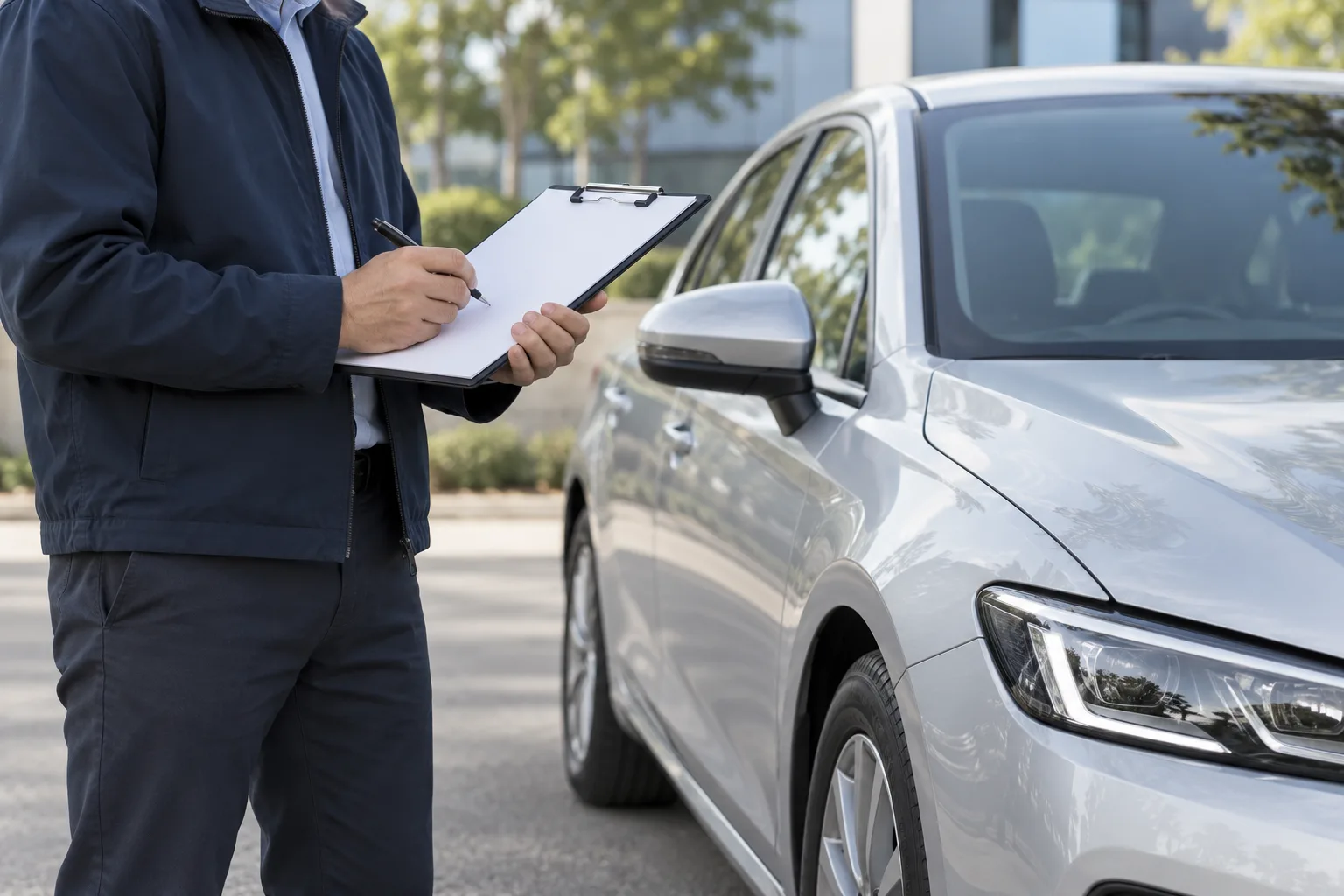 Una persona evaluando un siniestro con una carpeta junto a un automóvil estacionado