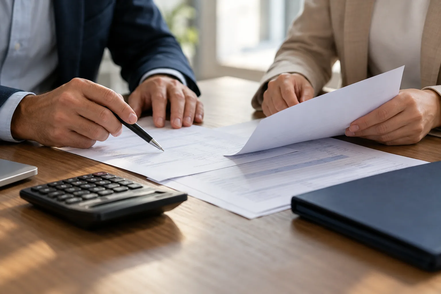 Profesionales revisando documentos de compra junto a una calculadora