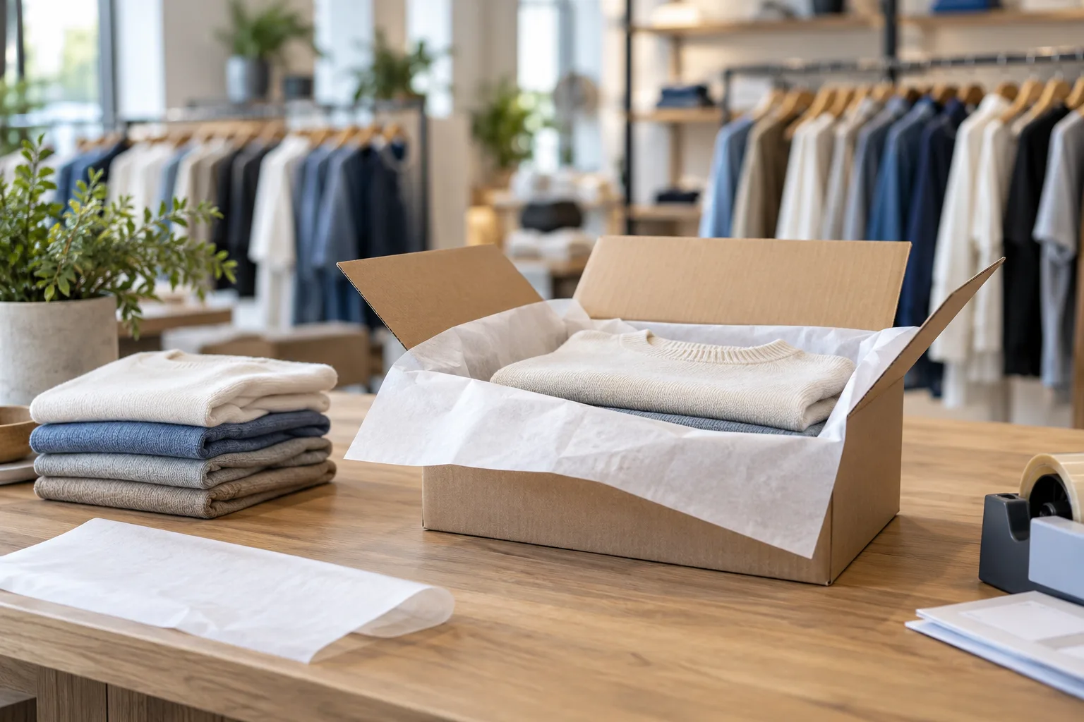 Ropa y una caja de envío abierta en un mostrador de preparación de pedidos