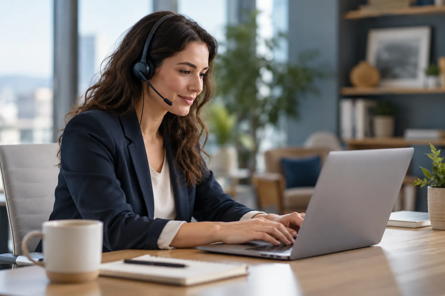 Una profesional de Customer Success trabajando con una computadora portátil y auriculares